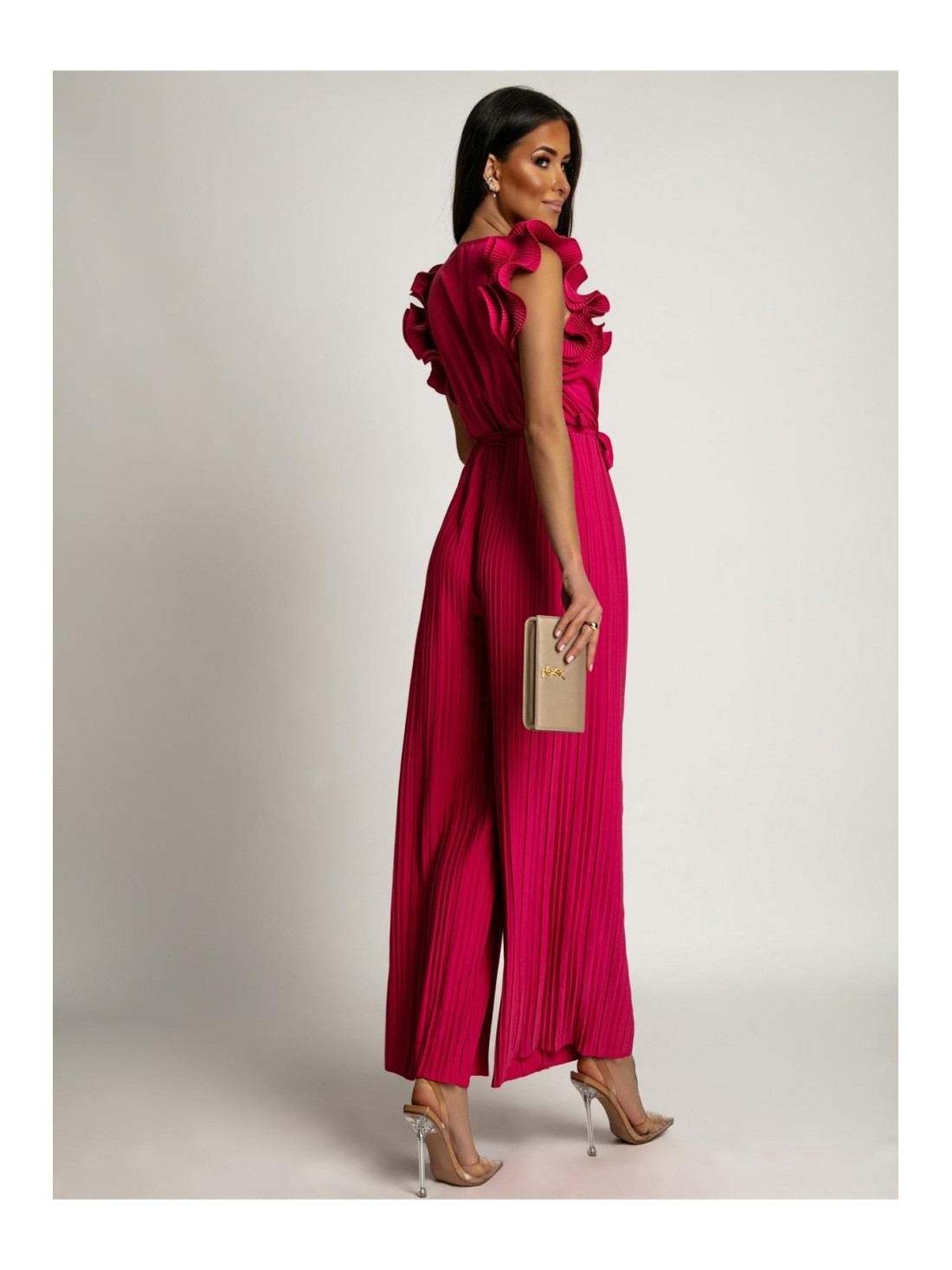 Pleated jumpsuit with ruffles, dark pink AZR1102